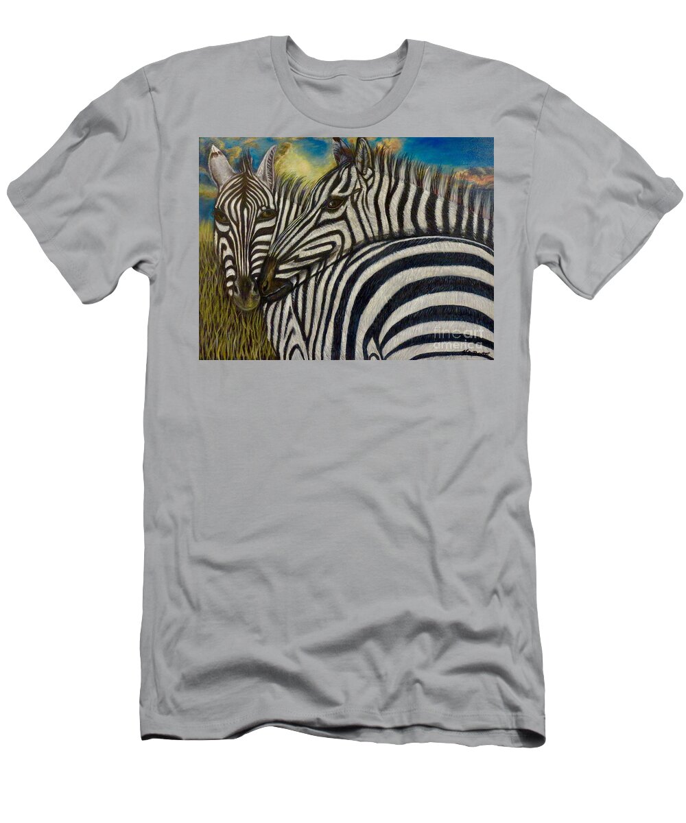 Nature Scene Zebra Paintings Two Zebras With Broad Black And White Stripes Nuzzling Each Other Around The Neck Side And Backside Views With Sunrise In Background And Grassy Savanna Animal Paintings Acrylic Paintings T-Shirt featuring the painting Our Stripes May Be Different But Our Hearts Beat As One by Kimberlee Baxter