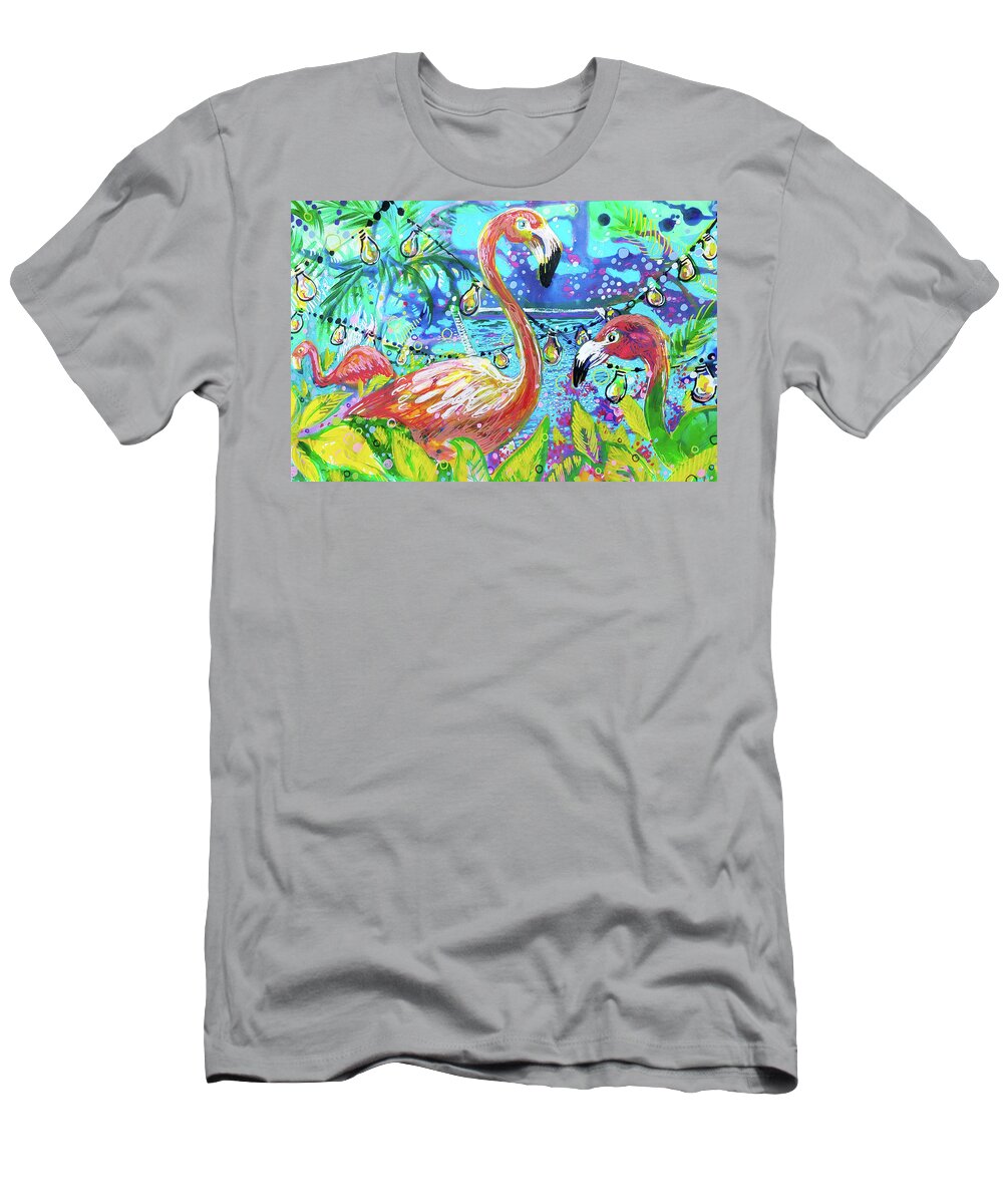 Flamingo T-Shirt featuring the painting Outdoor flamingo party by Tilly Strauss