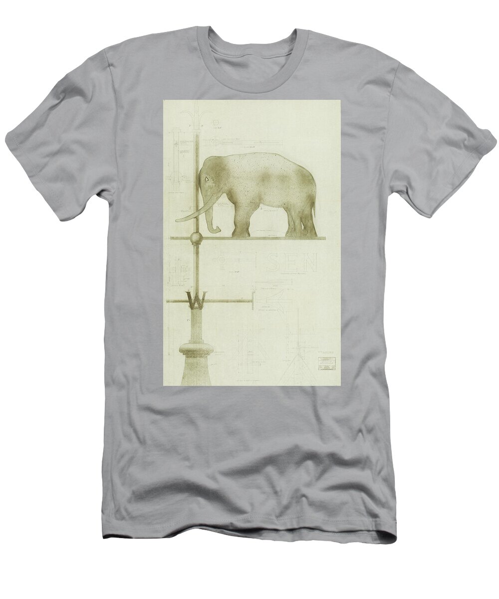 Elephant T-Shirt featuring the drawing Pachyderm House, Philadelphia Zoo, detail of weather vane by Paul Philippe Cret