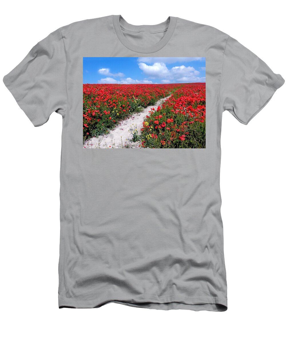 Poppies T-Shirt featuring the photograph Path through the Poppies by Vanessa Thomas