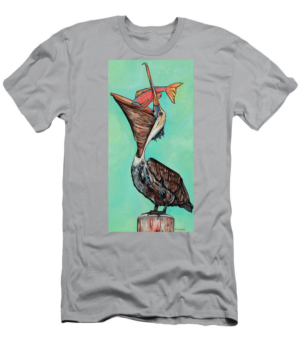 Pelican T-Shirt featuring the painting Pelican on The Edge by Patti Schermerhorn