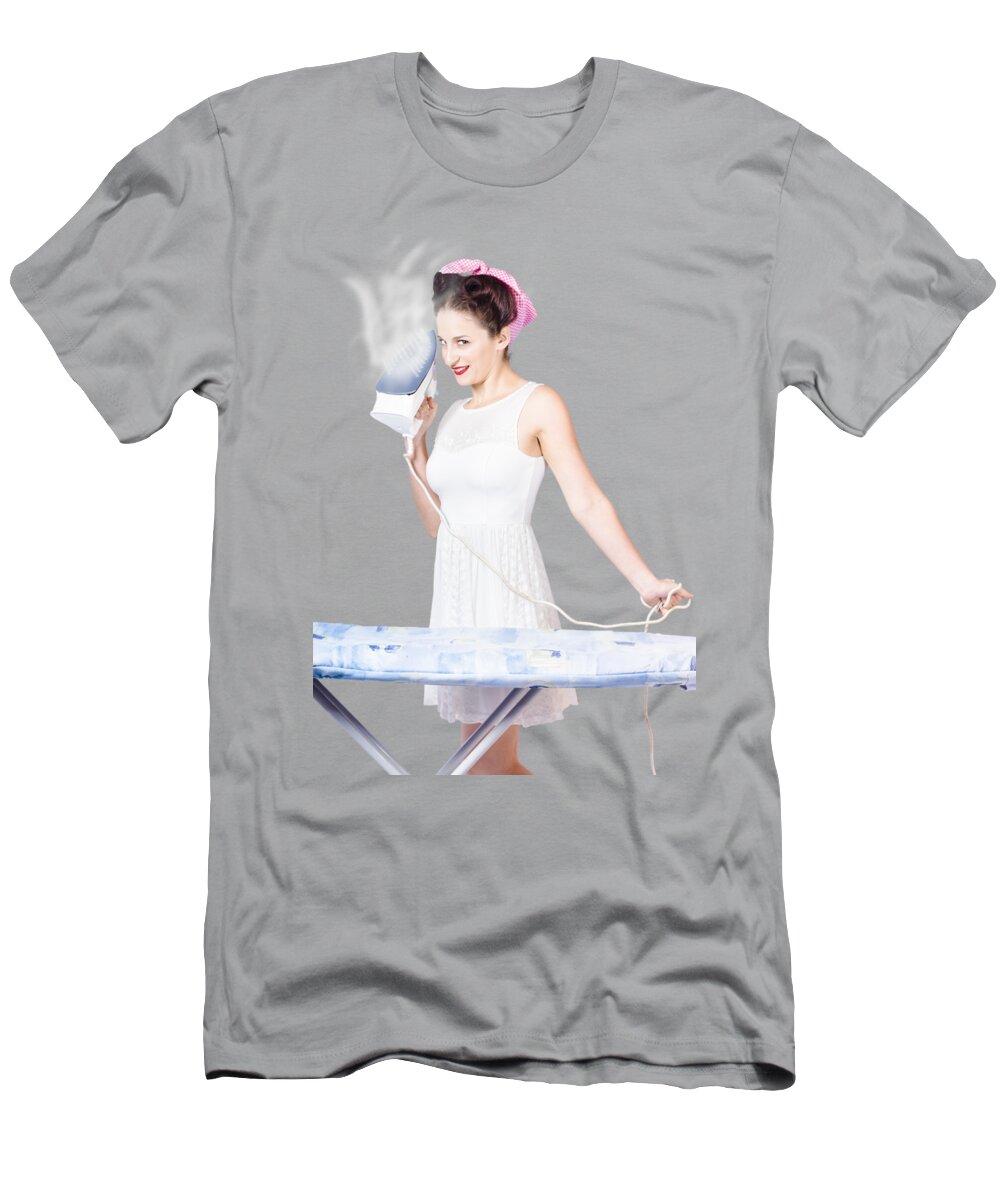 Cleaning T-Shirt featuring the photograph Pin up woman providing steam clean ironing service by Jorgo Photography