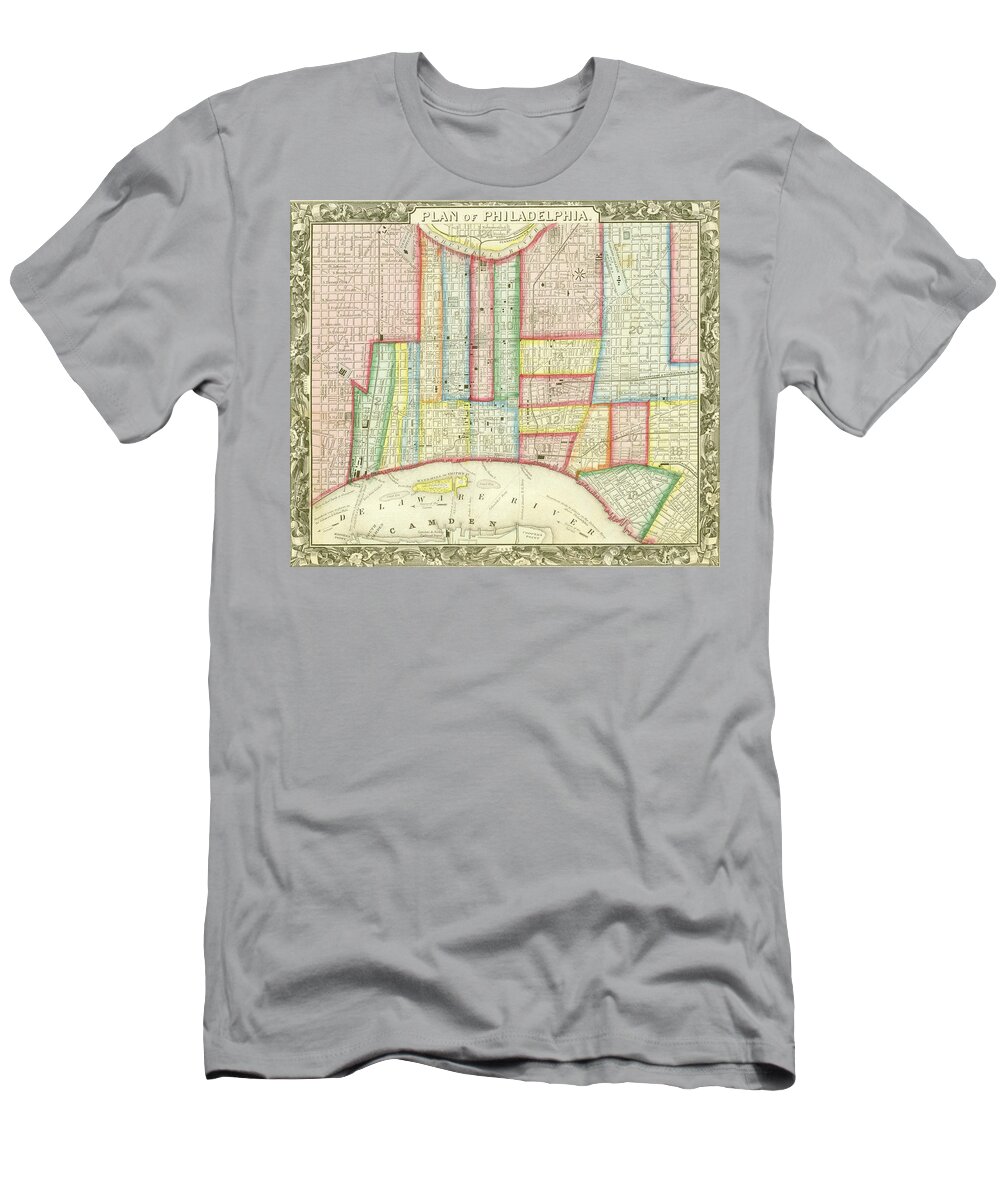 Map T-Shirt featuring the mixed media Plan of Philadelphia, 1860 by Augustus Mitchell