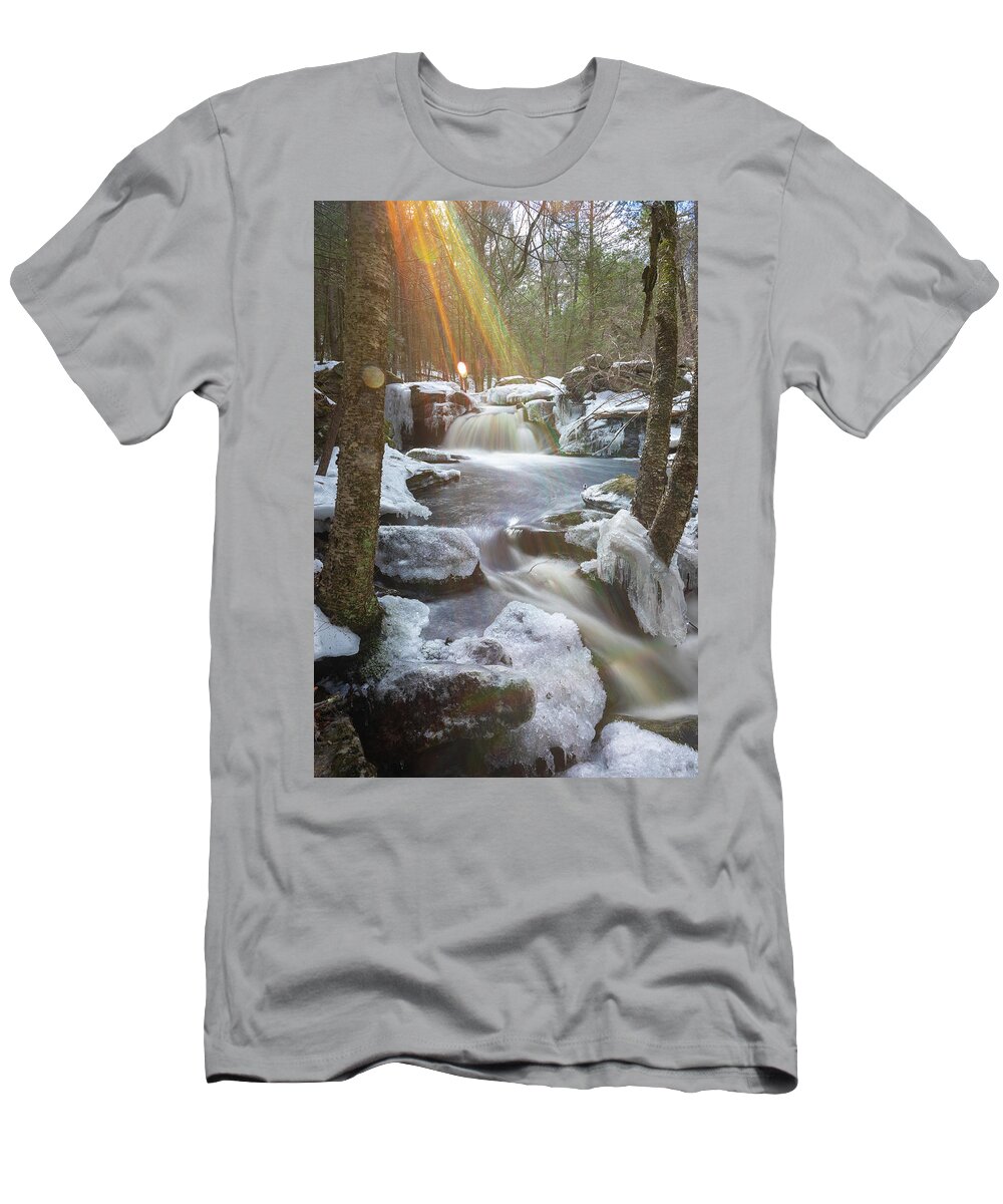 Winter Ice Snow River Stream Brook Water Waterfall Fall Falls Waterfalls Newengland New England U.s.a. Usa Jefferson Holden Ma Mass Massachusetts Brian Hale Brianhalephoto Forest Trees Woods Trout Brook Conservation Reservation Natural Nature Spring Brook Flare Sun Streak T-Shirt featuring the photograph Portrait of Winter flare by Brian Hale