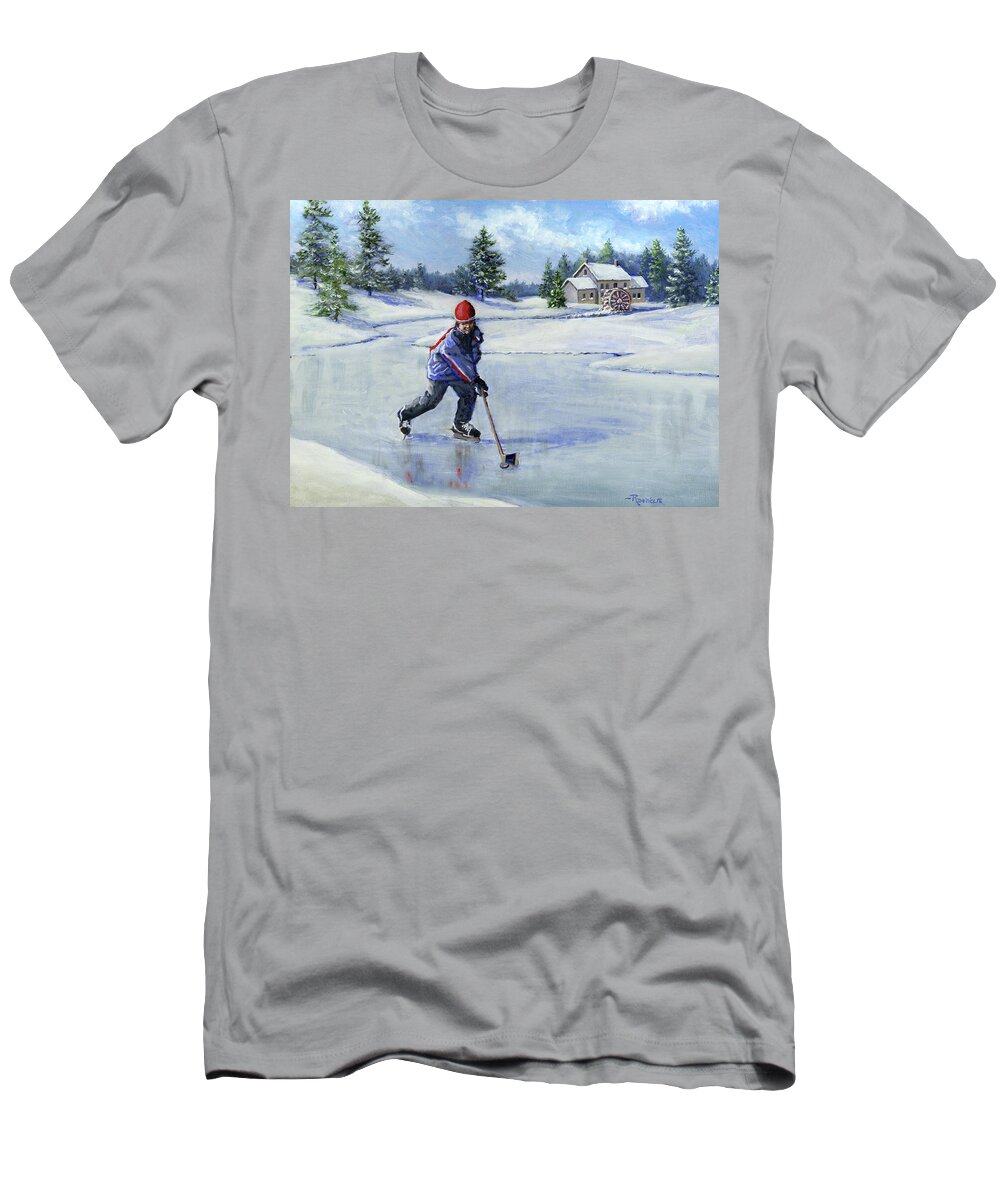 Winter T-Shirt featuring the painting Practice Skate by Richard De Wolfe