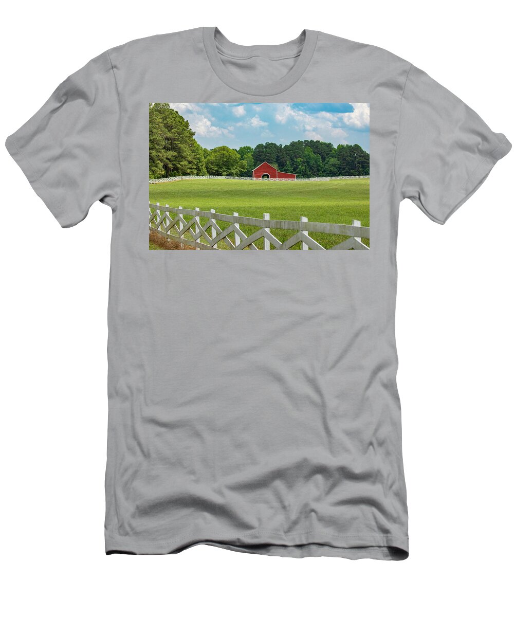 Red T-Shirt featuring the photograph Red Barn and White Fence 2019-05 02 by Jim Dollar