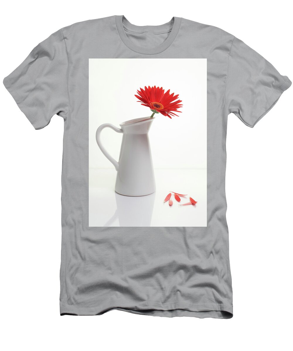 Flower T-Shirt featuring the photograph Red Gazania flower on a white stylish vase. Creative Still life by Michalakis Ppalis