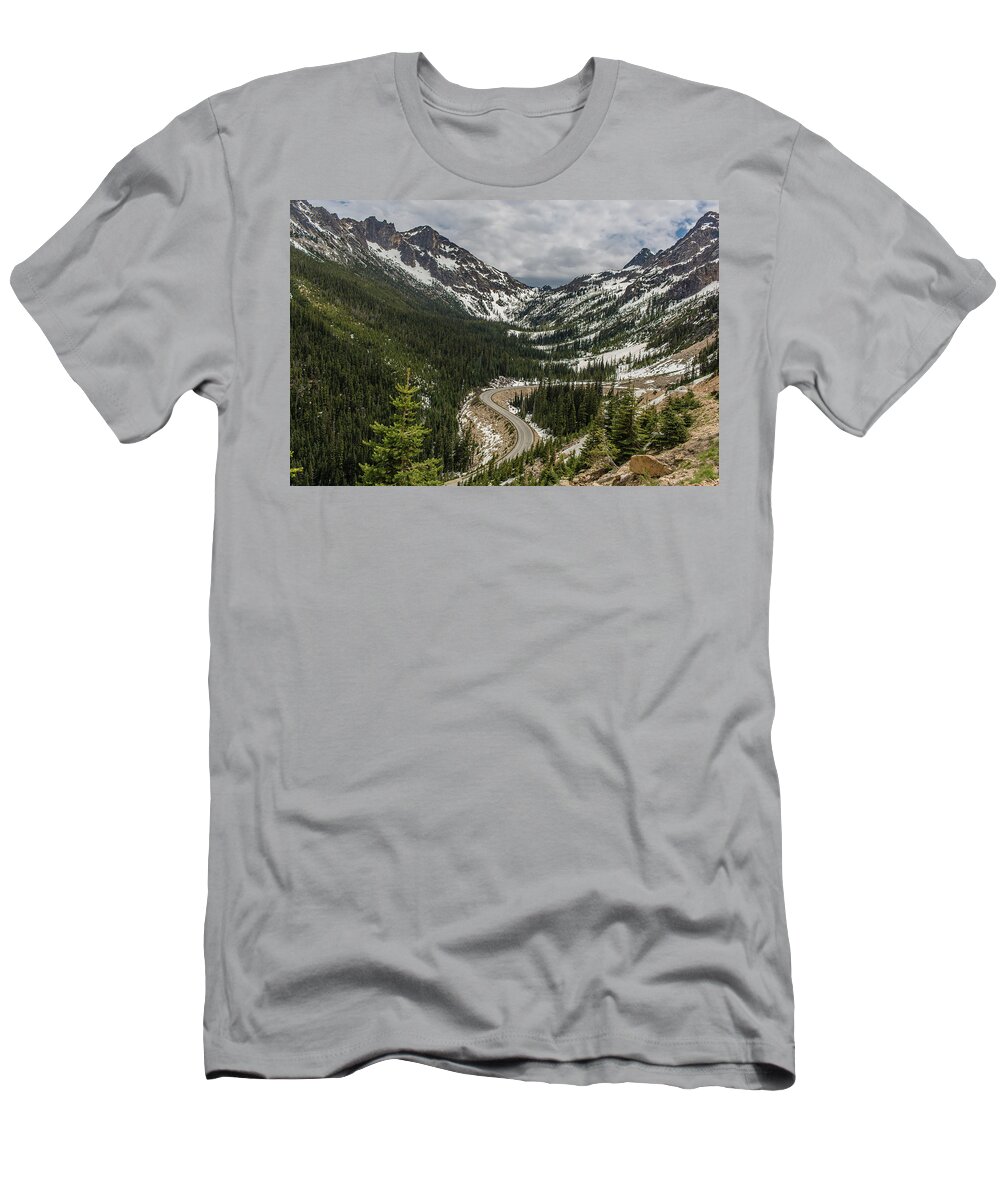 Road T-Shirt featuring the photograph Road between the mountain, North Casacades National Park,Washington  by Julieta Belmont
