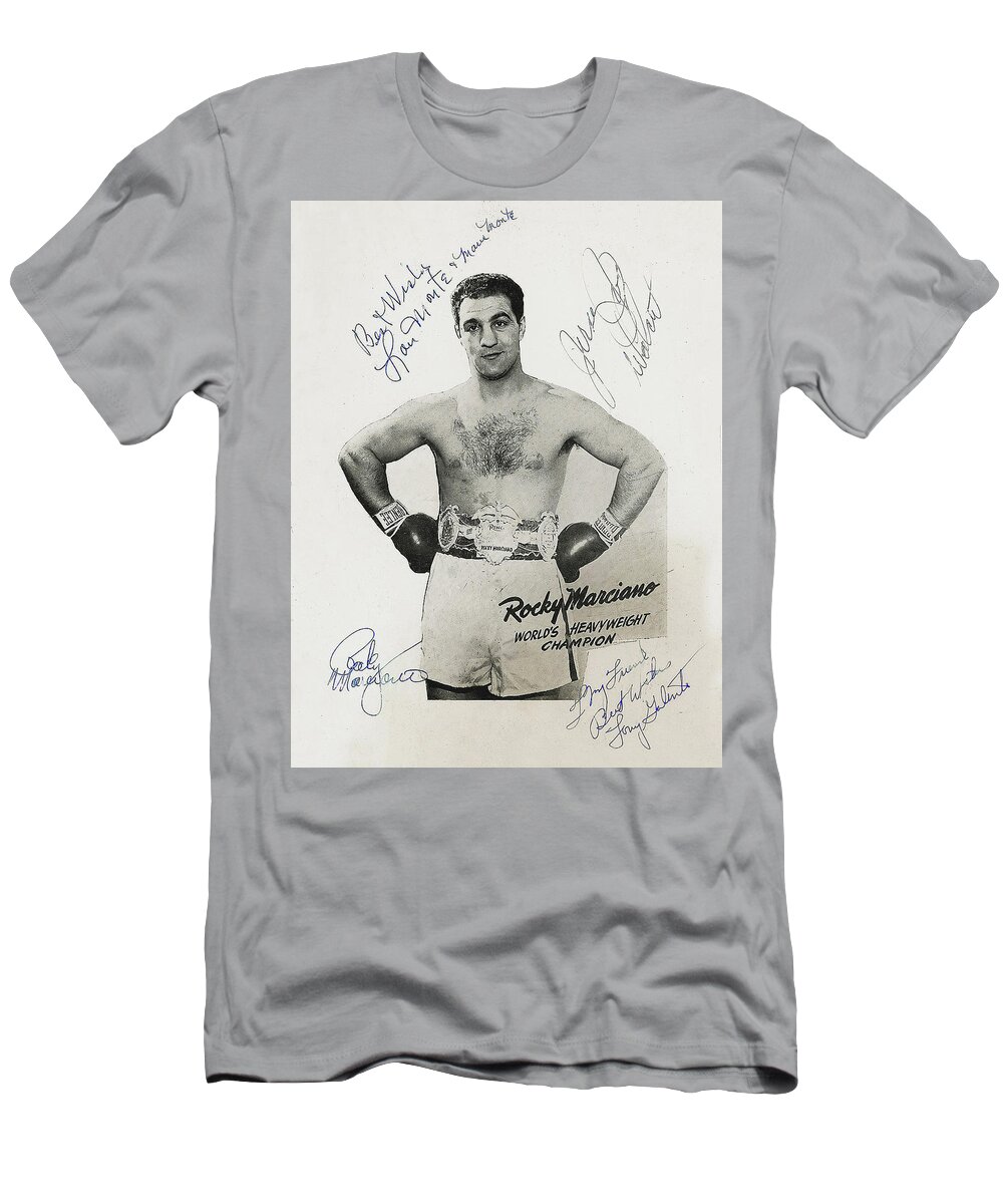 Rocky Marciano T-Shirt featuring the photograph Rocky Marciano, Tony Galento and Jersey Joe Walcott - Autographs by Doc Braham