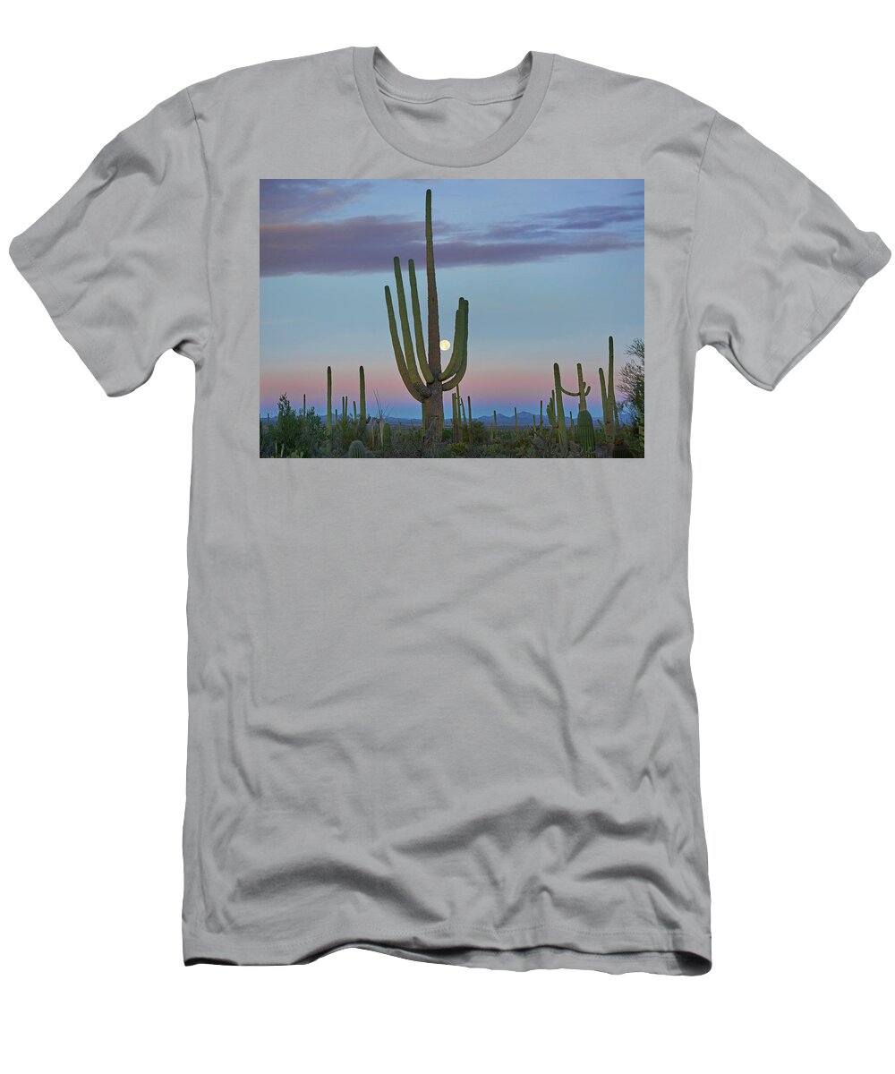 00557644 T-Shirt featuring the photograph Saguaro And Moon, Saguaro National Park, Arizona by Tim Fitzharris