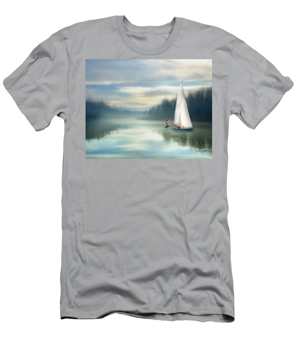 Sailing Boats T-Shirt featuring the mixed media Sailing Down the River by Colleen Taylor