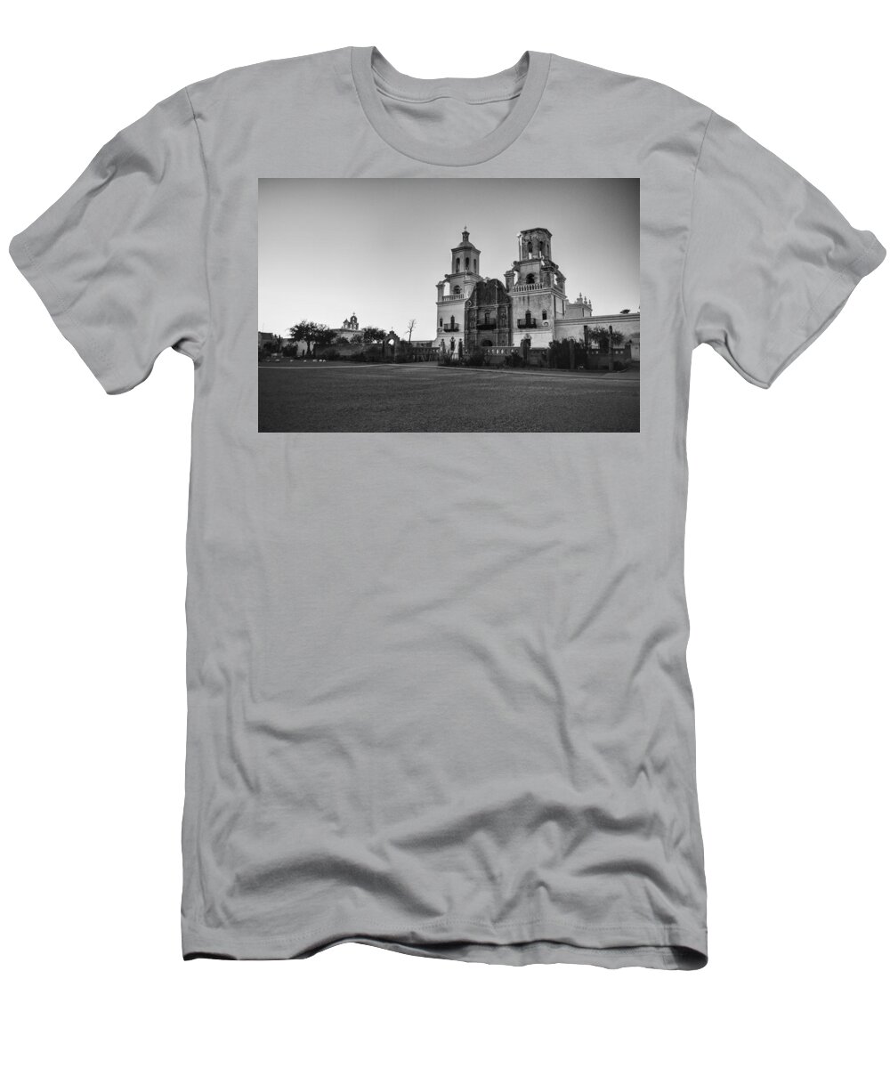 San Xavier T-Shirt featuring the photograph San Xavier Mission Black and White, Tucson Arizona by Chance Kafka