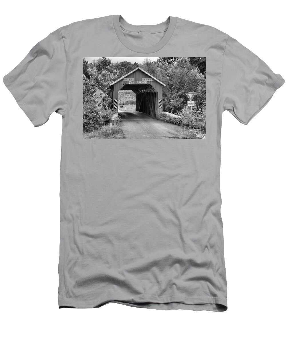 Saville Covered Bridge T-Shirt featuring the photograph Saville Covered Bridge Lush Landscape Black And White by Adam Jewell