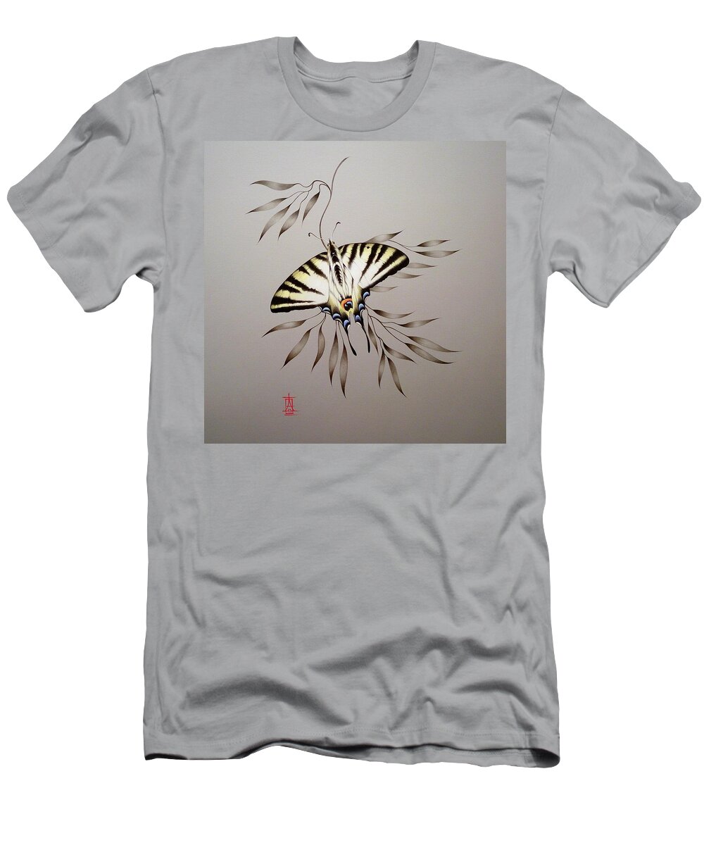 Russian Artists New Wave T-Shirt featuring the painting Scarce Swallowtail on Bamboo by Alina Oseeva