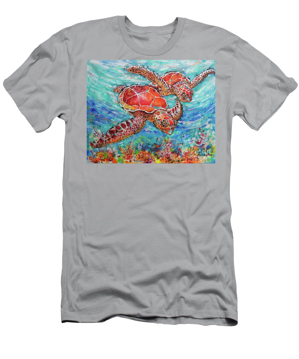 Marine Turtles T-Shirt featuring the painting Sea Turtles on Coral Reef by Jyotika Shroff