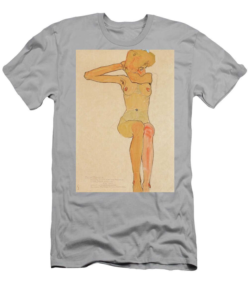 Egon Schiele T-Shirt featuring the drawing Seated female nude with raised right arm,1910 Gouache,. by Egon Schiele -1890-1918-