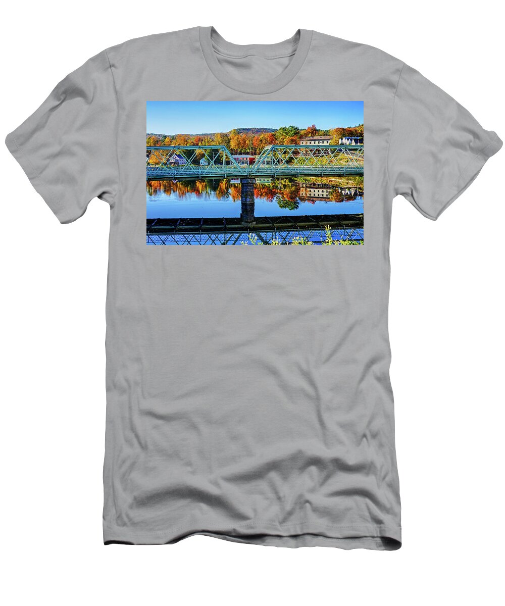 Shelburne T-Shirt featuring the photograph Shelburne Falls Bridge Street Fall Foliage Autumn Reflection by Toby McGuire