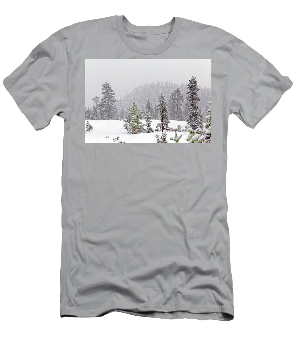 Heavy Snow Fall T-Shirt featuring the photograph Snowfall falling snow snowy winter hill conifer trees storm fore by Robert C Paulson Jr