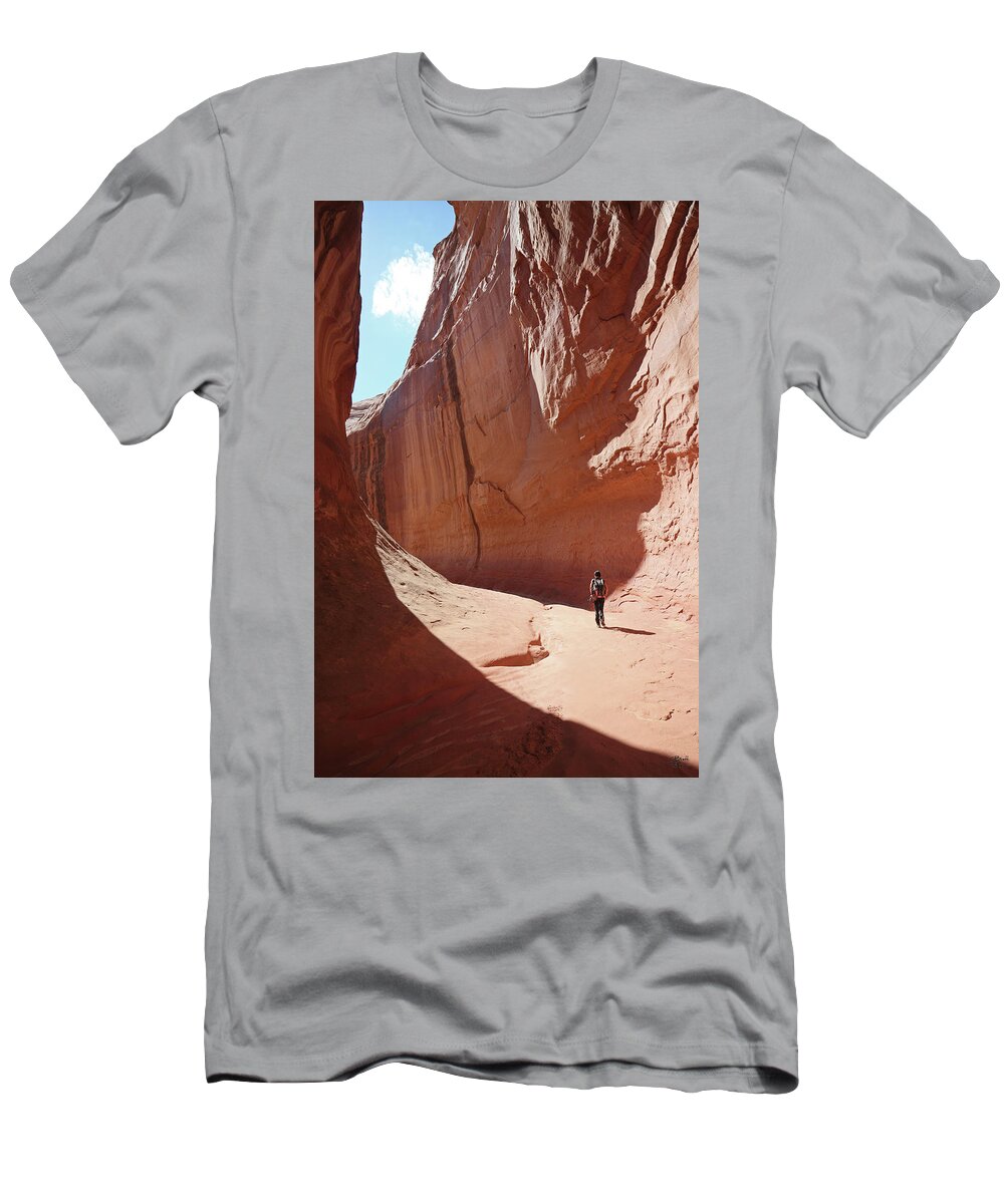 Utah T-Shirt featuring the photograph Southern Utah Canyon Hiker - Leprechaun Canyon by Brett Pelletier