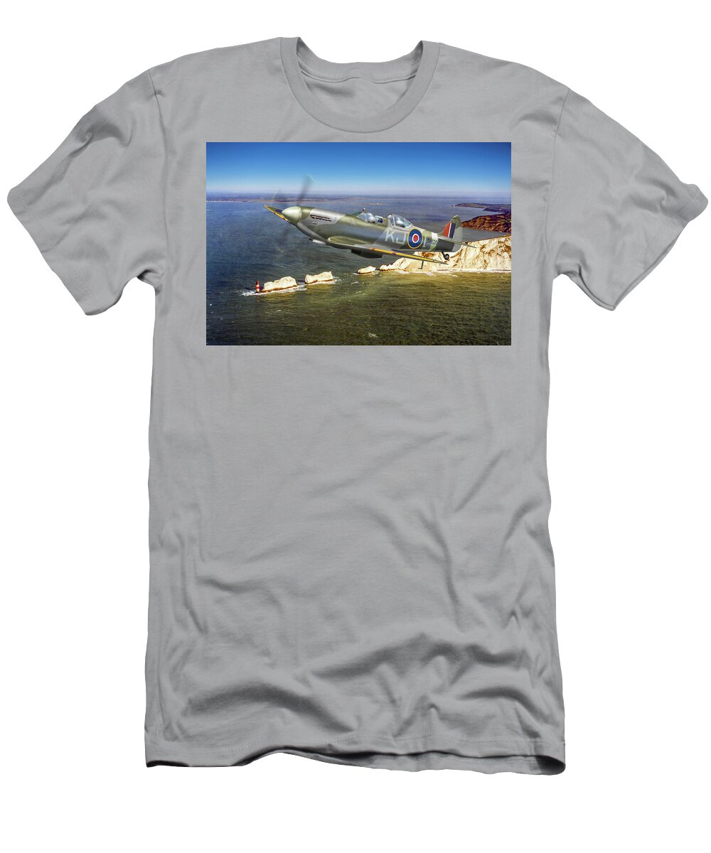 Spitfire Tr 9 T-Shirt featuring the photograph Spitfire Tr 9 over The Needles by Gary Eason