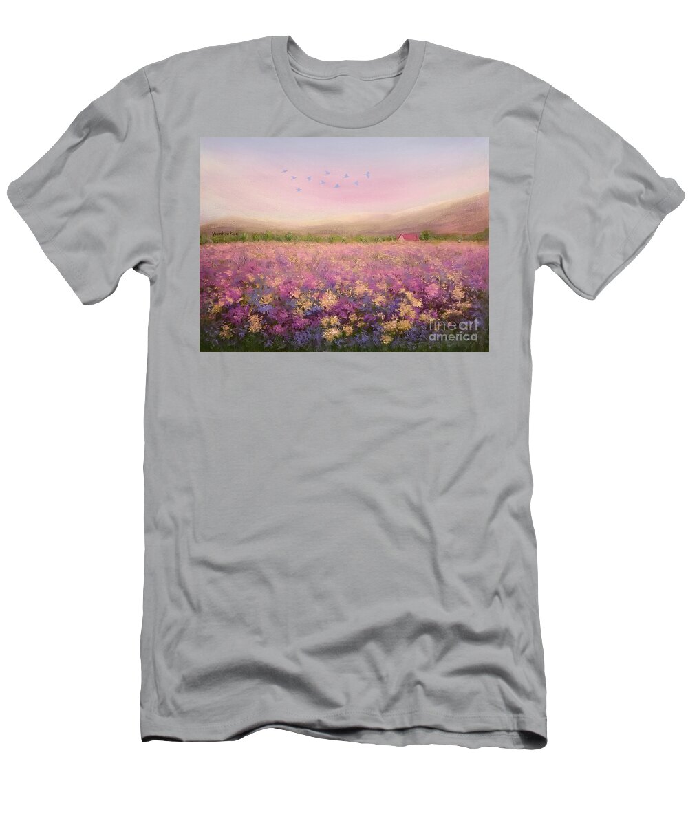 Spring T-Shirt featuring the painting Spring Meadow by Yoonhee Ko
