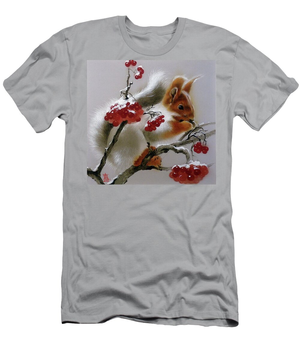 Russian Artists New Wave T-Shirt featuring the painting Squirrel with Rowan Berries by Alina Oseeva