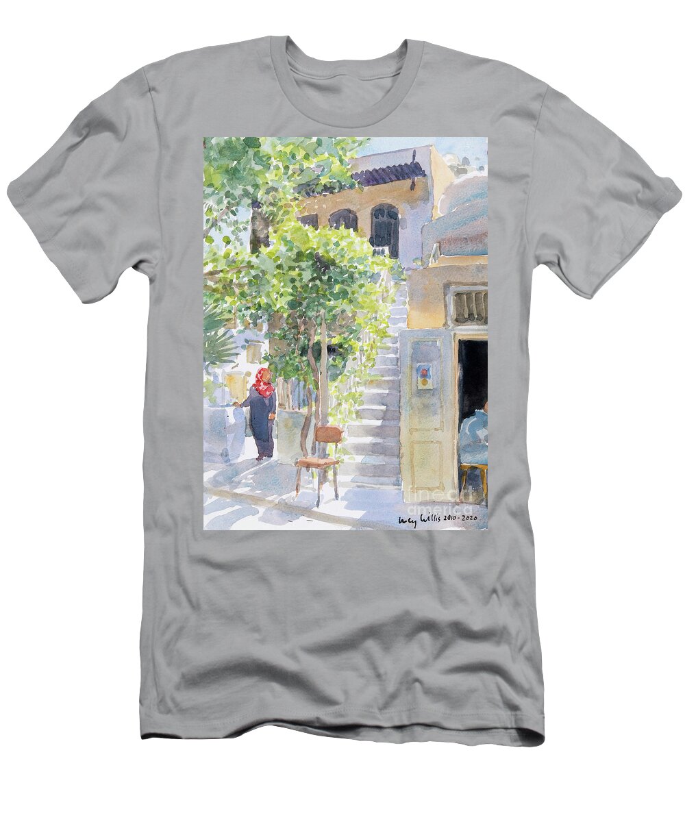 Steps By The Citadel T-Shirt featuring the painting Steps By The Citadel, Aleppo, Syria by Lucy Willis