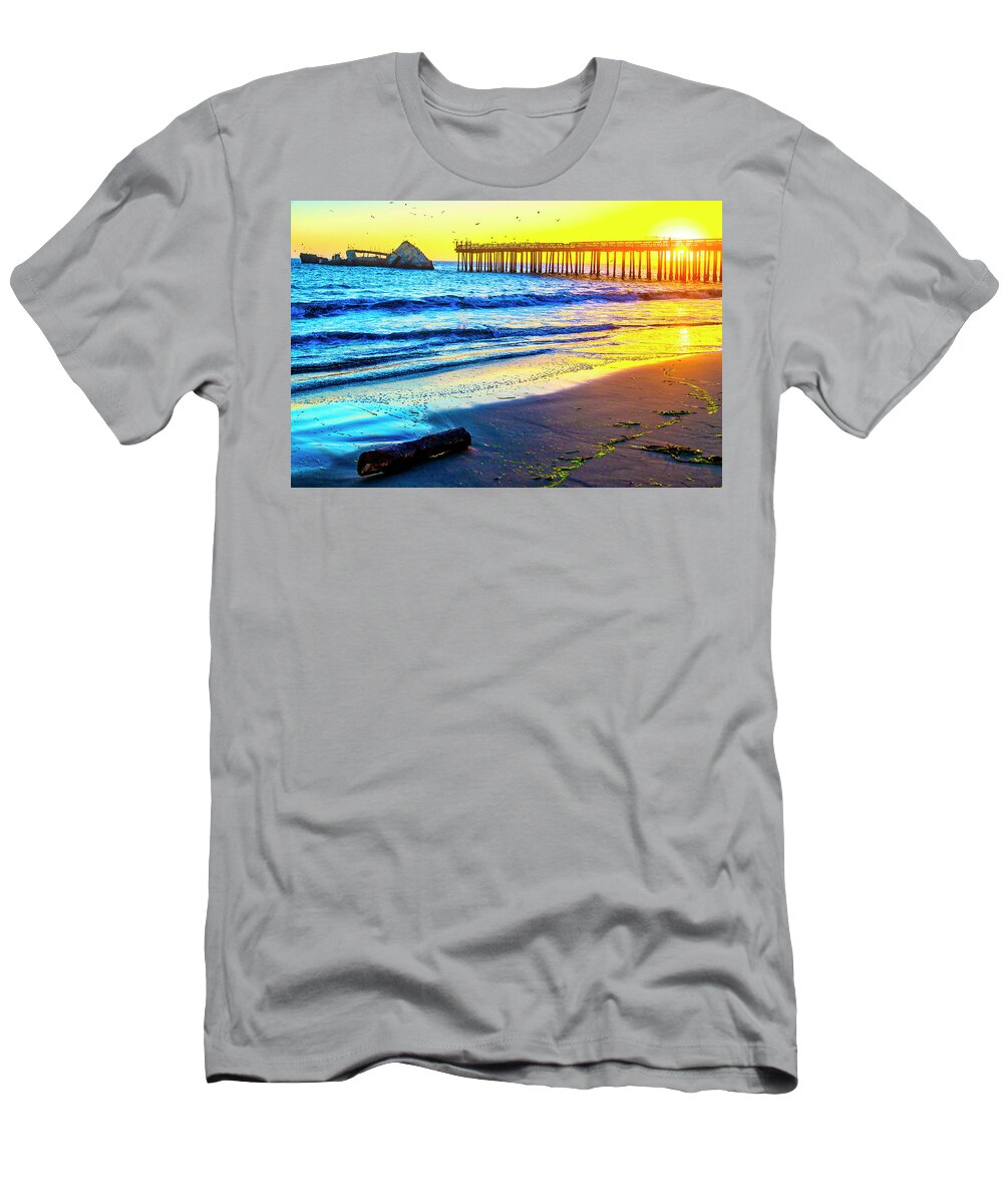Sunken Ship Seacliffs State Beach T-Shirt featuring the photograph Sun Setting Through Pier by Garry Gay