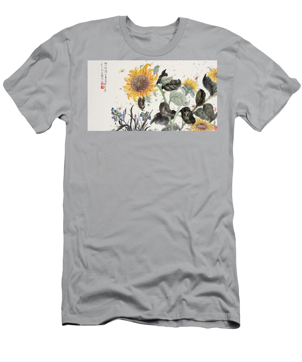 Chinese Watercolor T-Shirt featuring the painting Sunflower and Dragonfly by Jenny Sanders