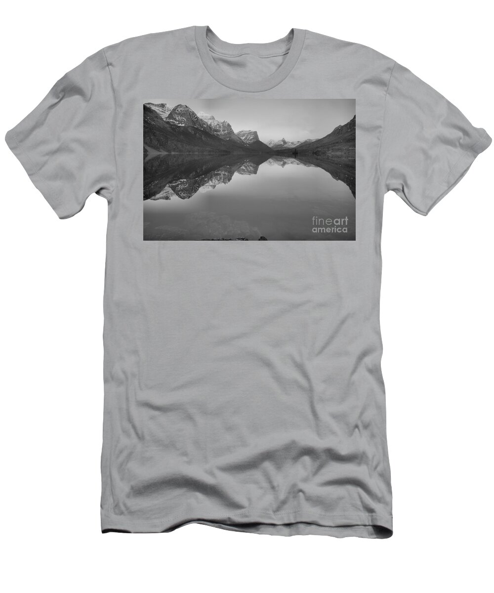 St Mary T-Shirt featuring the photograph Sunrise Reflections Across St. Mary Lake Black And White by Adam Jewell