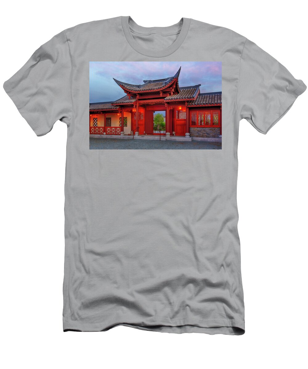 Seattle Chinese Garden T-Shirt featuring the photograph Sunset on the Gate by Briand Sanderson