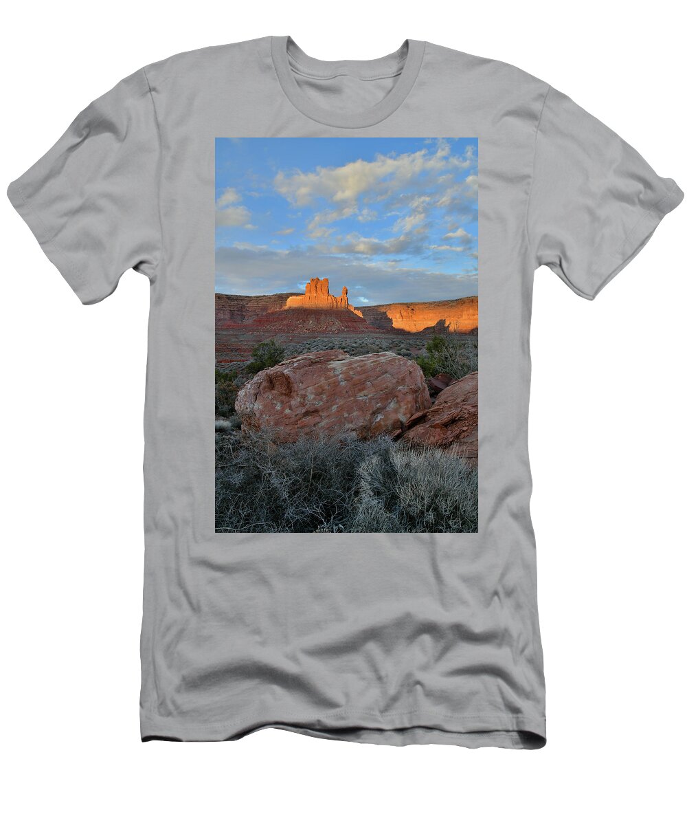 Valley Of The Gods T-Shirt featuring the photograph Sunset on Valley of the Gods Buttes by Ray Mathis