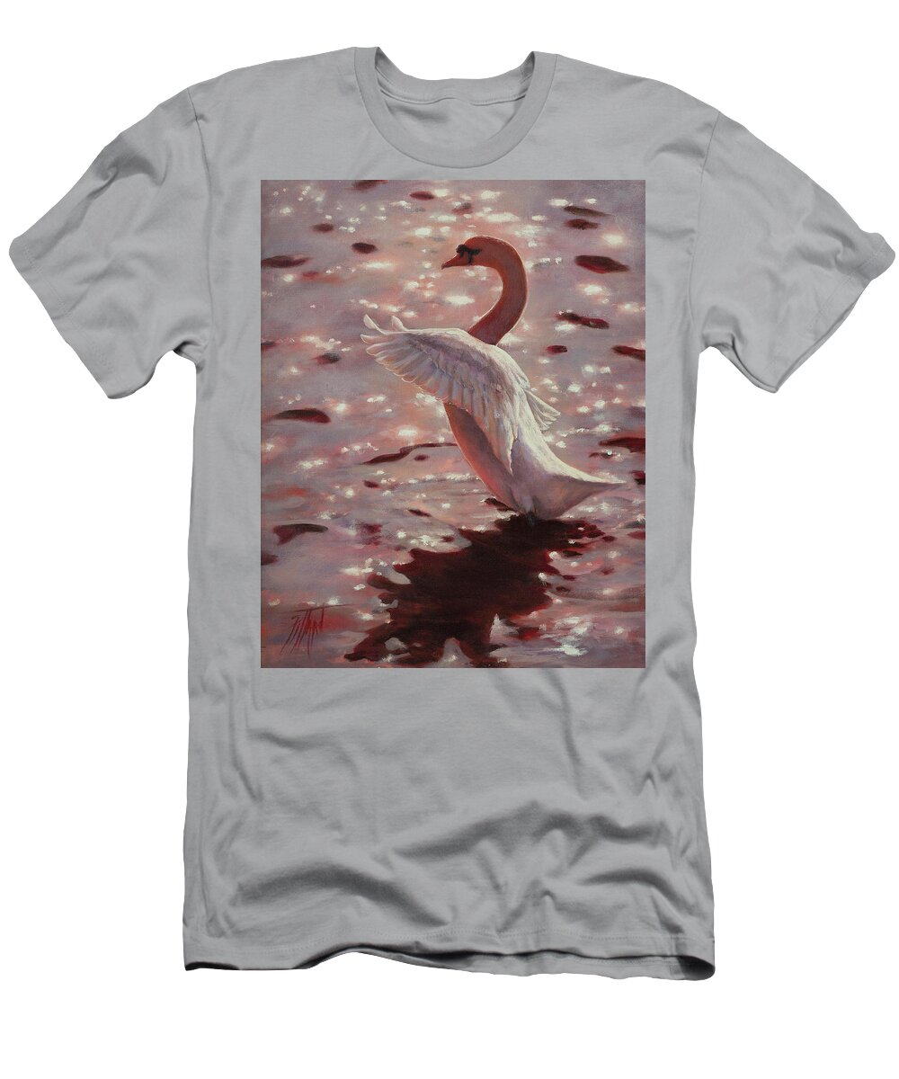 Swan T-Shirt featuring the painting Pink Sunset Swan by Lynne Pittard