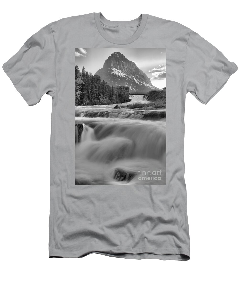 Swift Current Falls T-Shirt featuring the photograph Swiftcurrent Falls Spring SUnset Black And White by Adam Jewell