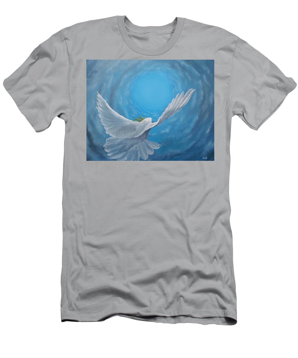 #god #spritual #dove #peace #love #war #doubt #sky #blue #bird #wildlife #clouds #fine Art #art #oil #painting T-Shirt featuring the painting Take the Space Between Us by Kevin Daly