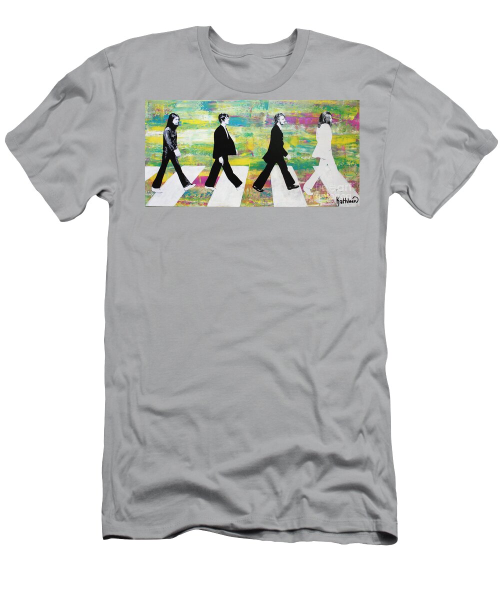 The Beatles T-Shirt featuring the mixed media The Beatles Group on Abbey Road by Kathleen Artist PRO