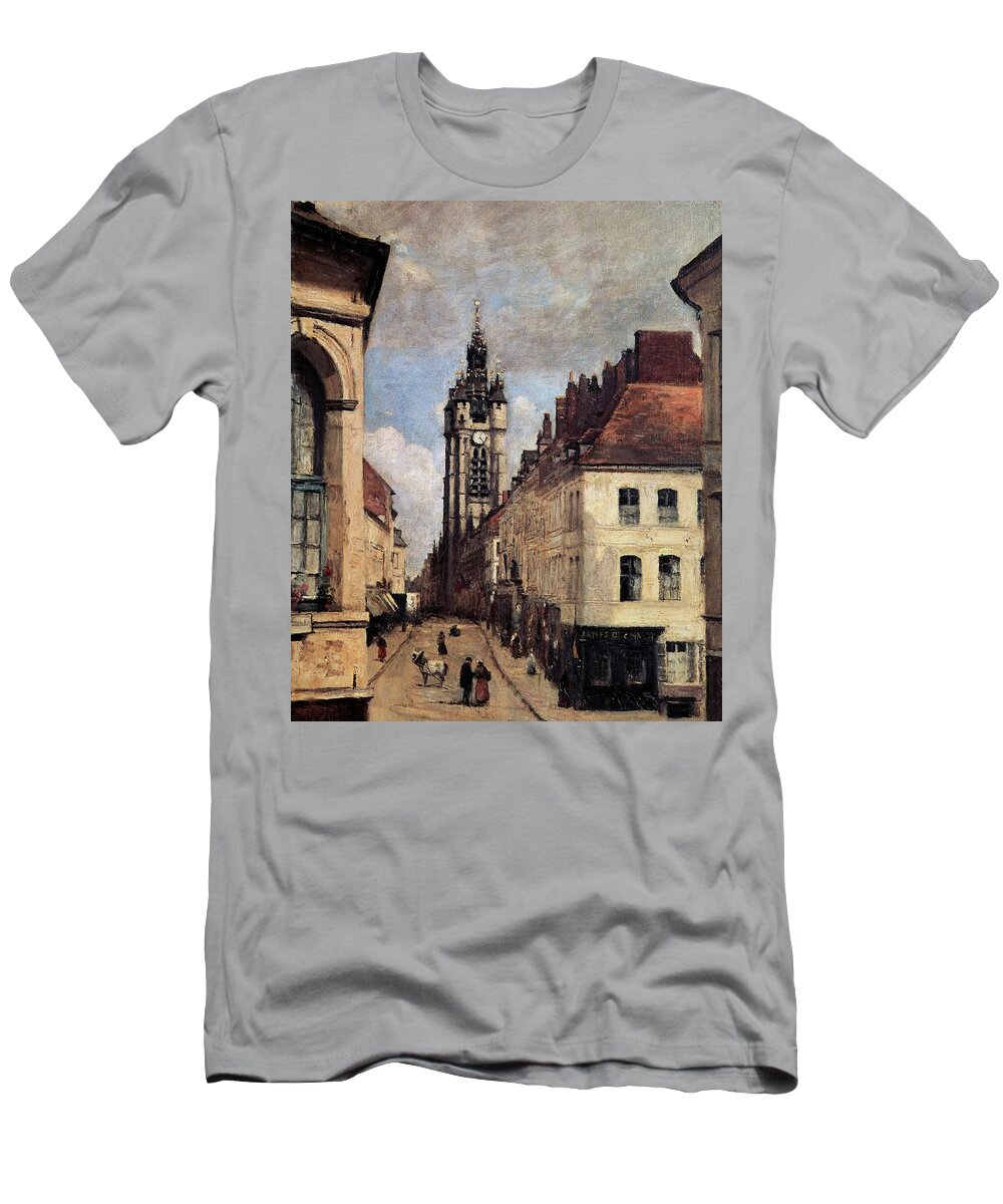 Jean-baptiste-camille Corot T-Shirt featuring the painting The Belfry of Douai - 1871 - 46,5x38,5 cm - oil on canvas. by Jean Baptiste Camille Corot -1796-1875-