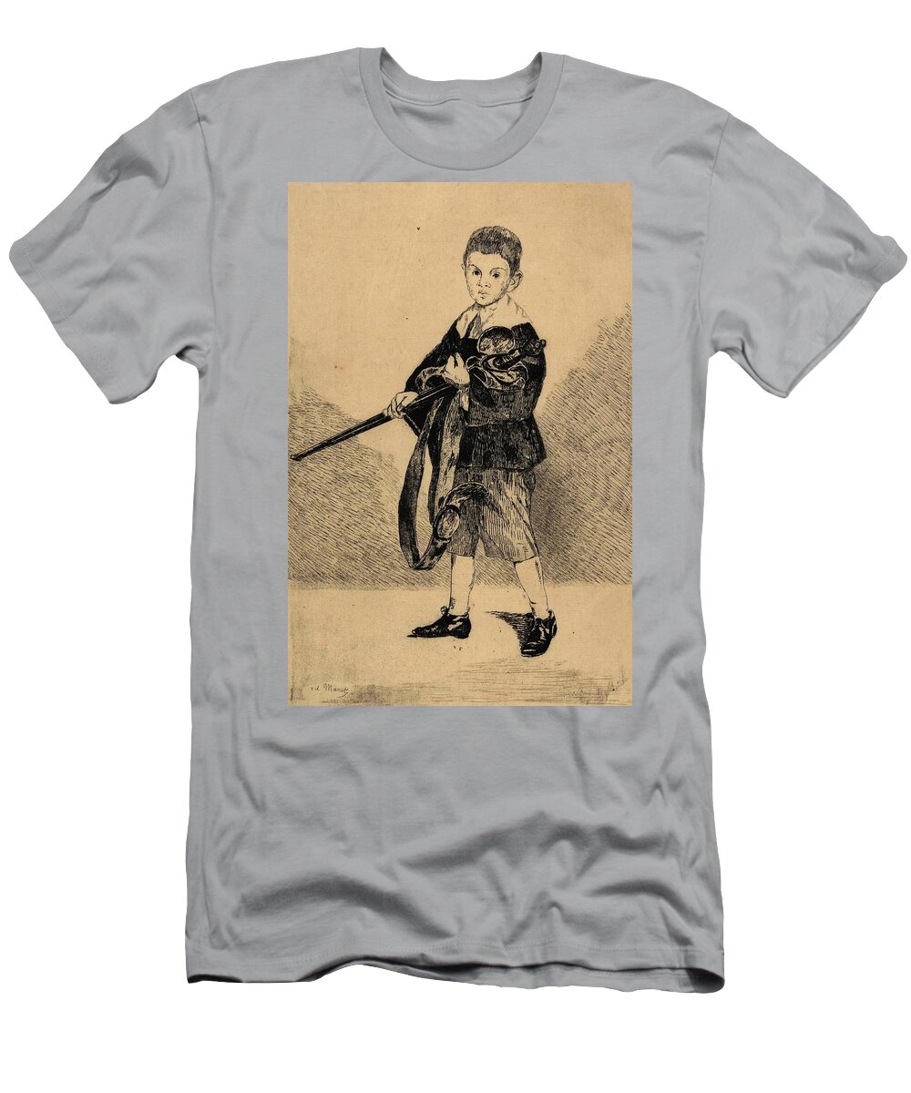 Edouard Manet T-Shirt featuring the drawing The Boy with a Sword,Turned to the Left -L'enfant a l'epee tourne a gauche-. by Edouard Manet -1832-1883-