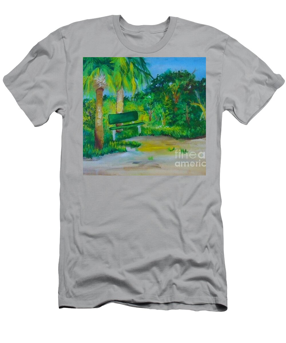 Green T-Shirt featuring the painting The Green Bench by Saundra Johnson