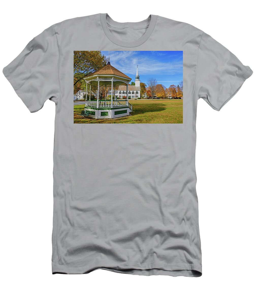 Townshend T-Shirt featuring the photograph Townshend VT Autumn Day Church Vermont Gazebo by Toby McGuire