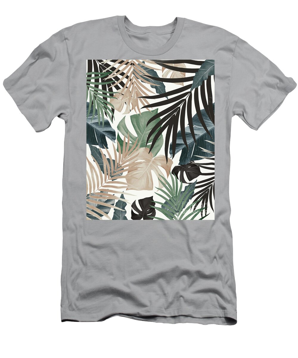 Color Collage Nature Botanical Tropical-leaves Beach-vibes Cali-vibes Monstera-palm Banana Home-decor Interior-decor Tropical-jungle Jungle-vibes Palm-tree-leaves Green-blue-tan Leaf Greenery Tropical-vibes Beige-black Sage-cactus-green T-Shirt featuring the mixed media Tropical Jungle Leaves Pattern #13 Fall Colors #tropical #decor #art by Anitas and Bellas Art