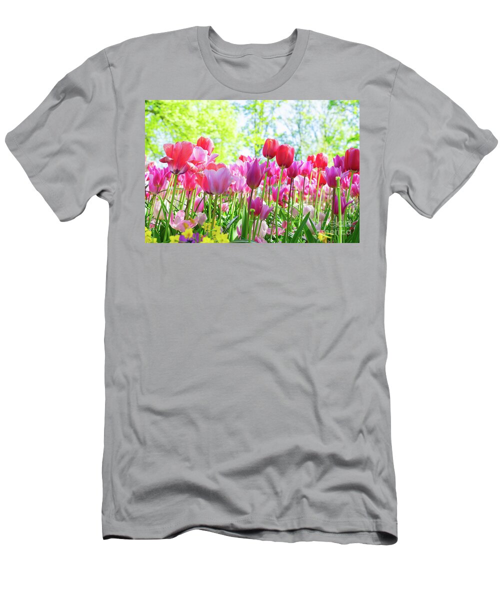 Tulips T-Shirt featuring the photograph Tulips Pink Growth by Anastasy Yarmolovich