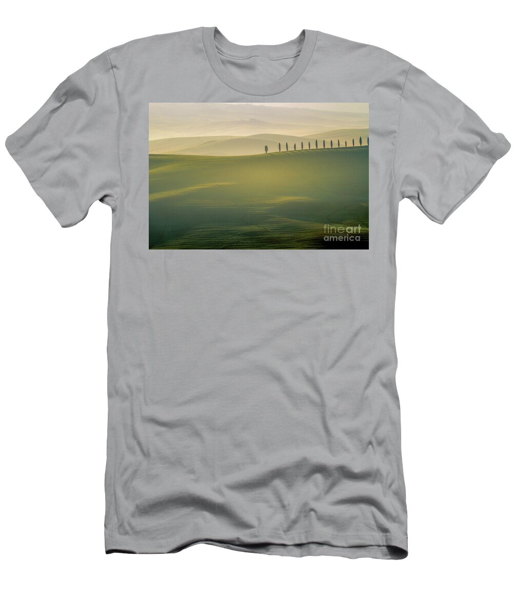 Landscape T-Shirt featuring the photograph Tuscany Landscape with Cypress Trees by Heiko Koehrer-Wagner