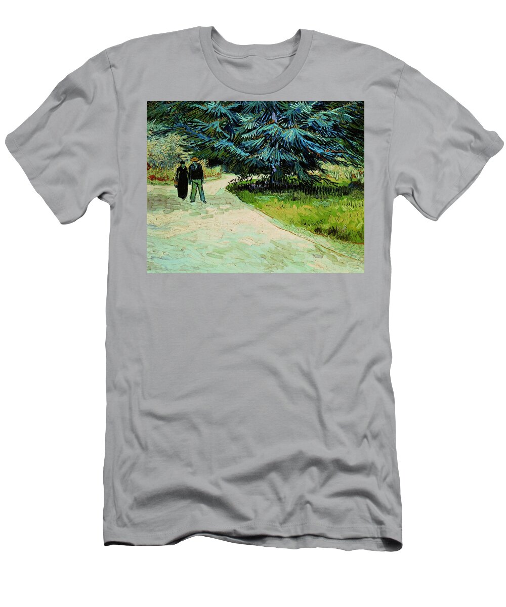 Public Garden With Couple And Blue Fir Tree: The Poet's Garden Iii T-Shirt featuring the painting Vincent Van Gogh / 'Public Garden with Couple and Blue Fir Tree The Poet's Garden III', 1888. by Vincent van Gogh -1853-1890-