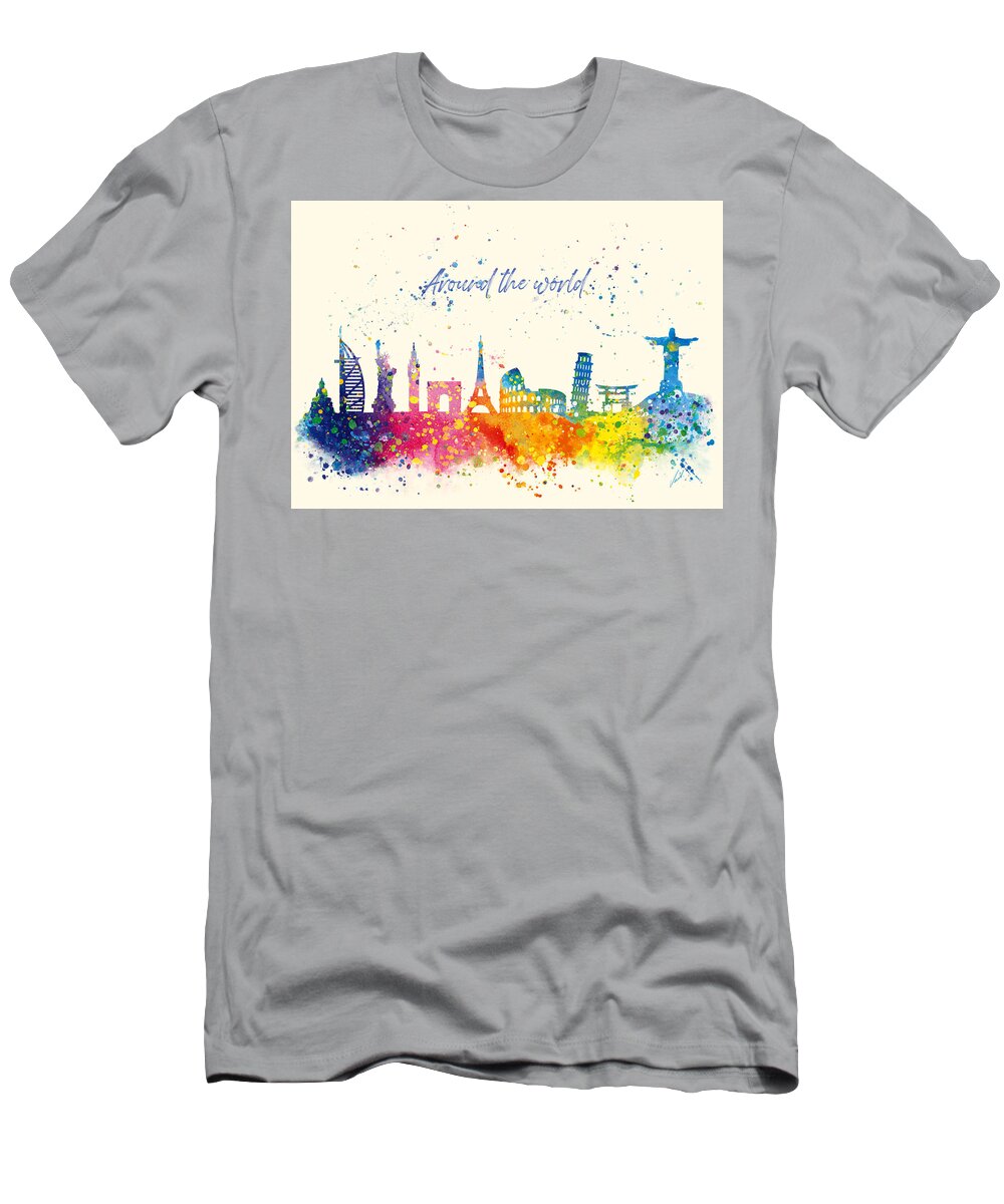 Watercolor T-Shirt featuring the painting Watercolor Around the world by Vart Studio