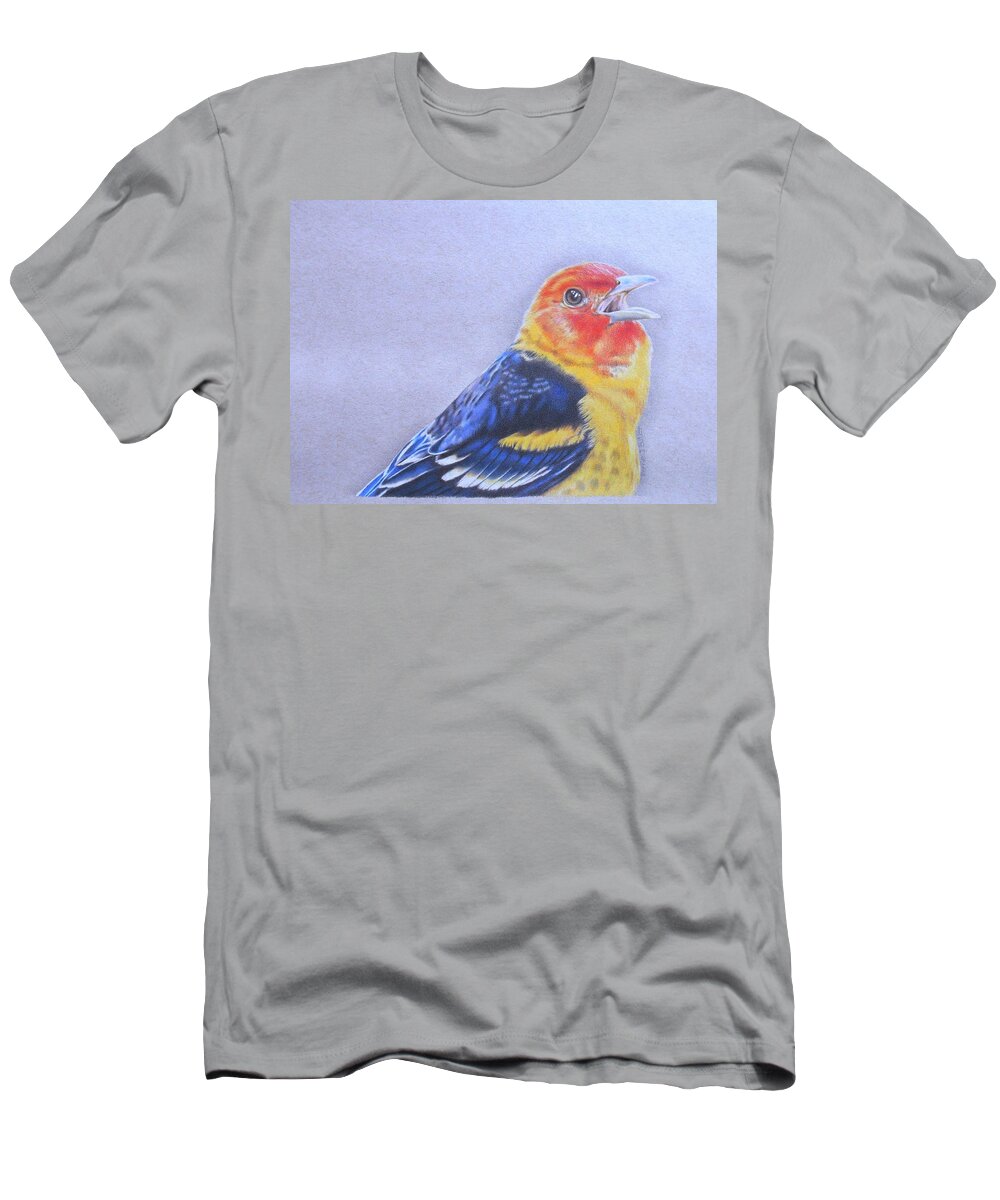 Western Tanager T-Shirt featuring the drawing Western Tanager - Male by Karrie J Butler