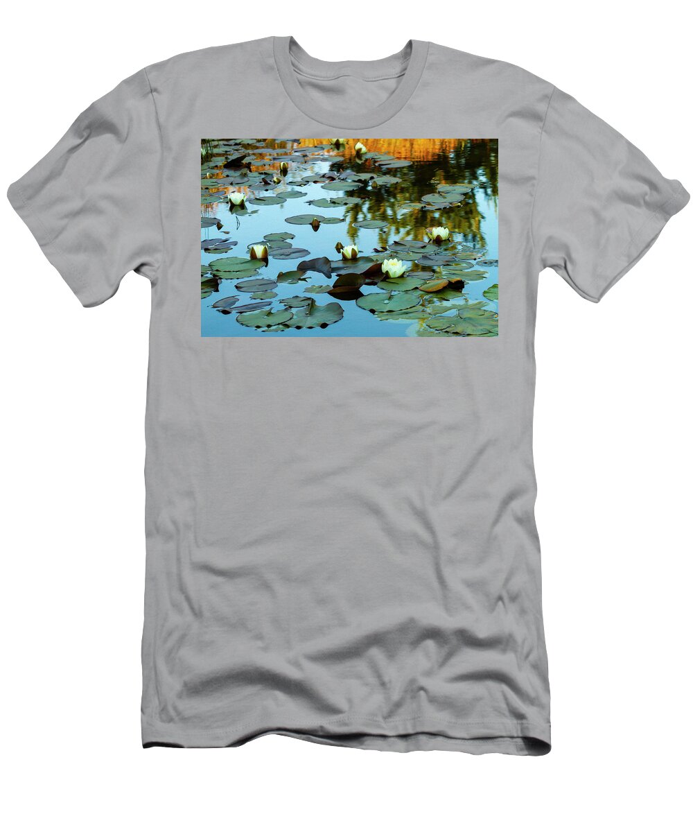 Lily Pond T-Shirt featuring the photograph White Water Lilies on Pond by Bonnie Follett