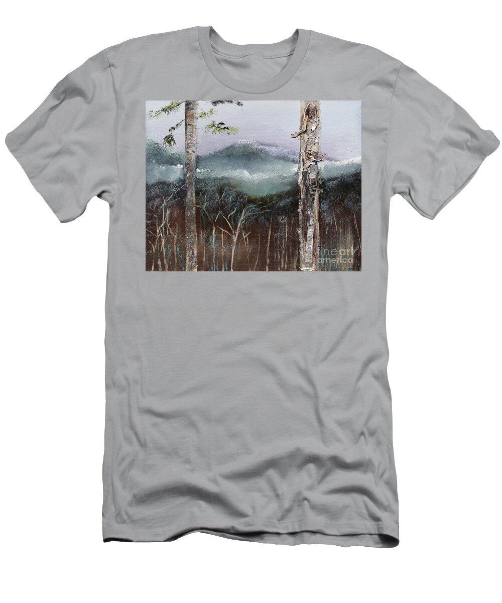 Winter Scene T-Shirt featuring the painting Winter at Pink Knob in Ellijay by Jan Dappen