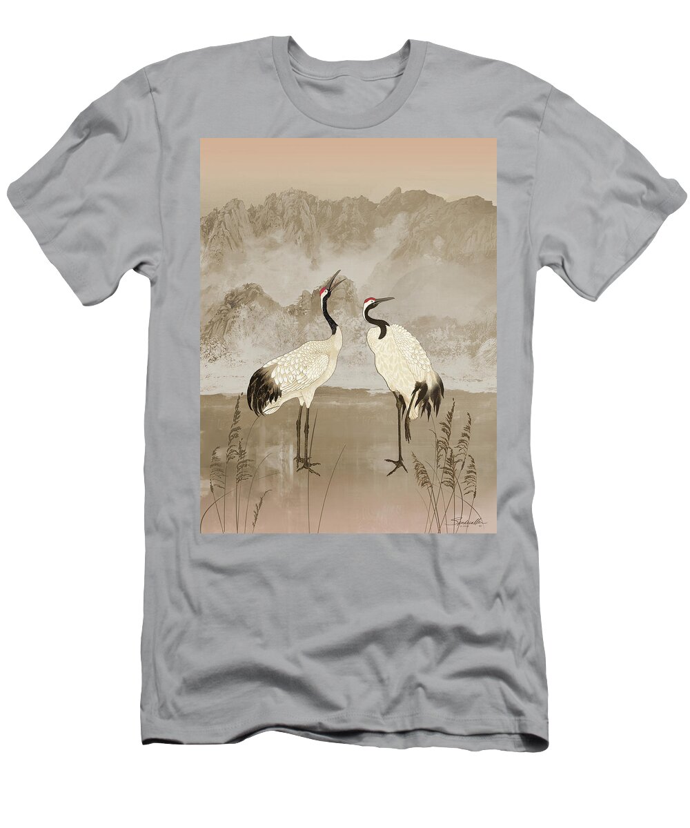 Bird T-Shirt featuring the mixed media Wintering Manchurian Cranes by M Spadecaller