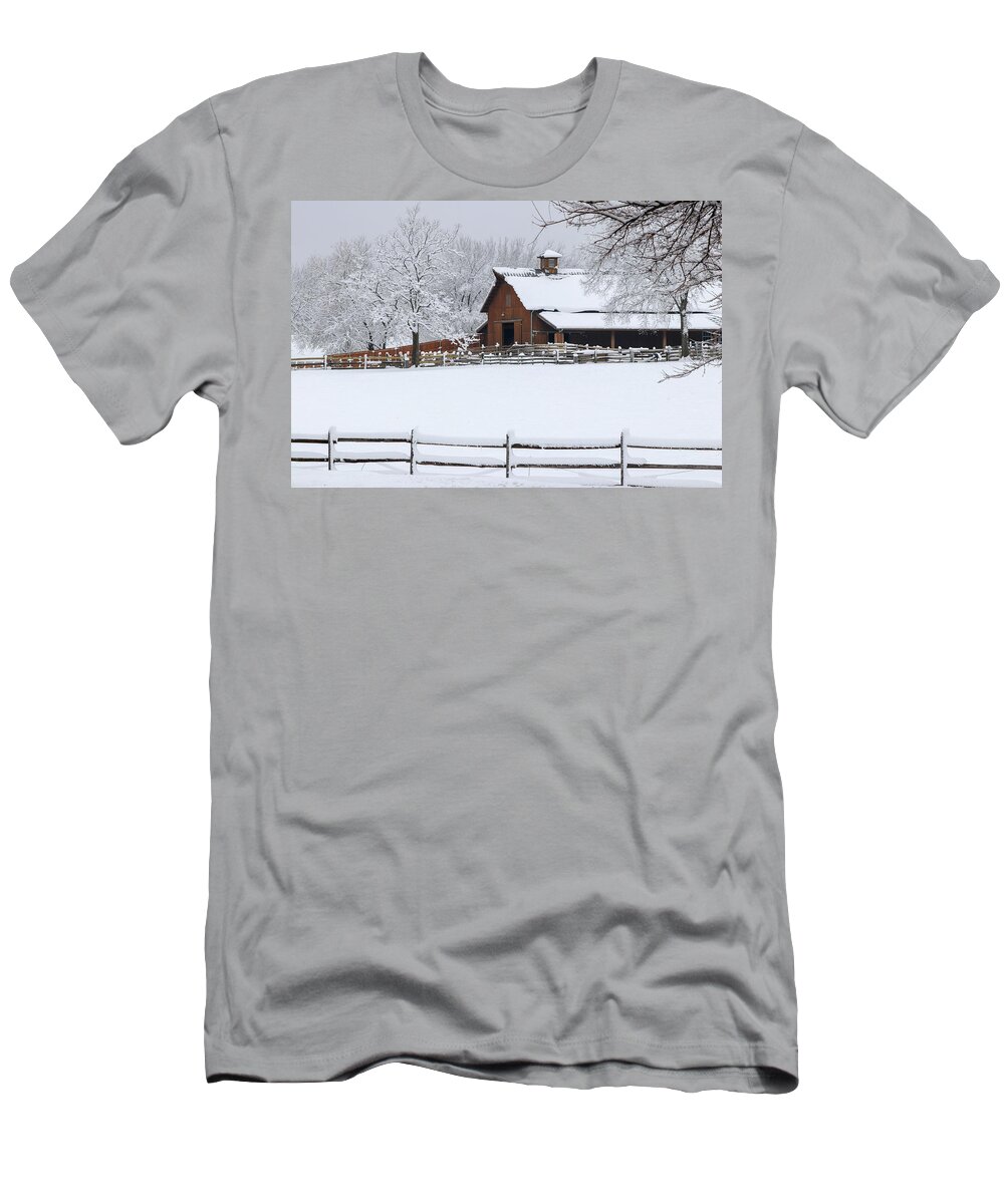 Kansas T-Shirt featuring the photograph Wintry Barn by Mary Anne Delgado